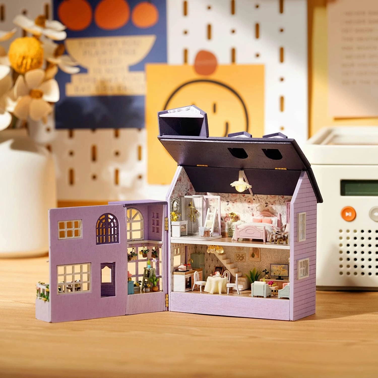 TuKIIE DIY Miniature Dollhouse Kit with Furniture, 1:32 Scale Creative Room Opened & Closed Mini Wooden Doll House for Kids Teens Adults(Happy House)