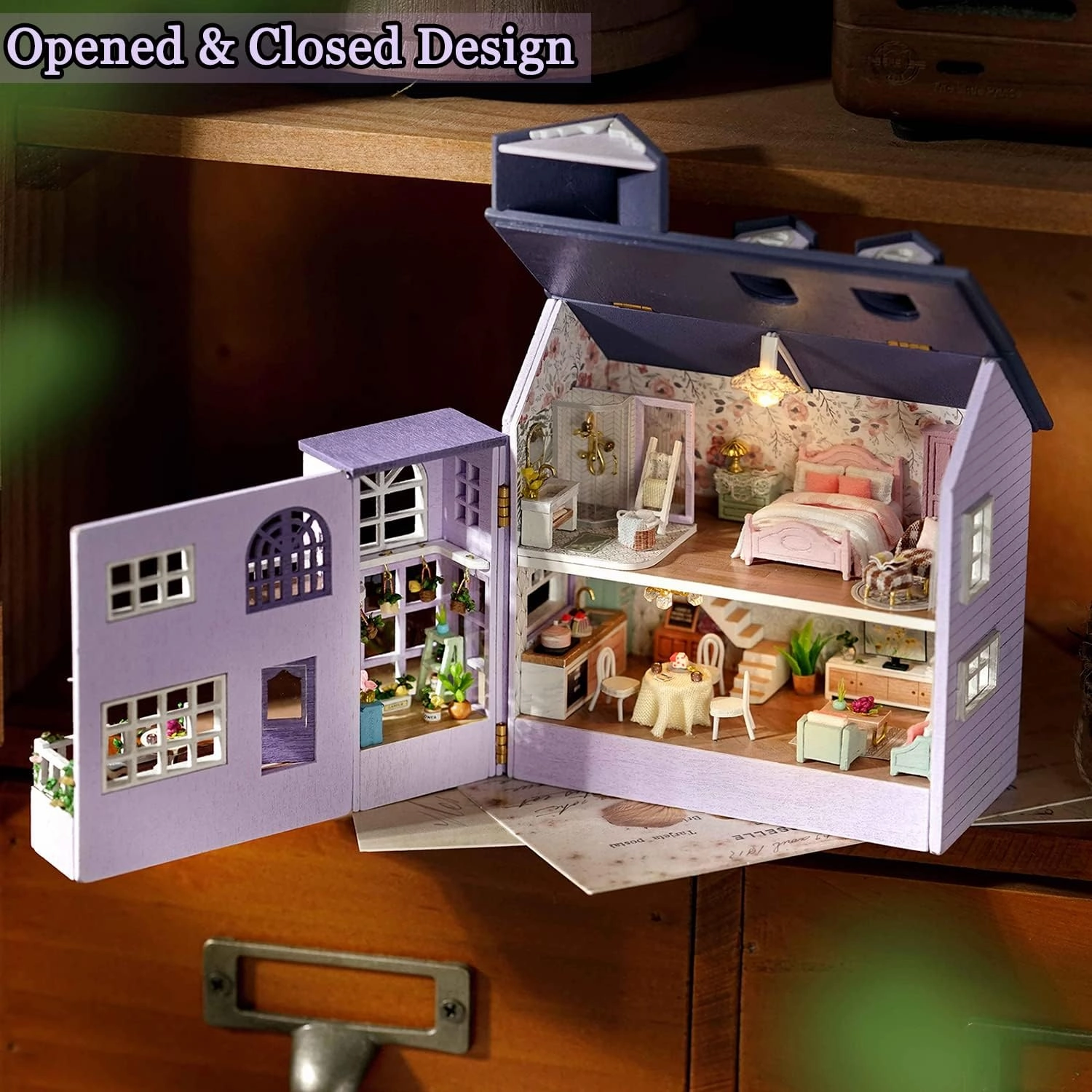 TuKIIE DIY Miniature Dollhouse Kit with Furniture, 1:32 Scale Creative Room Opened & Closed Mini Wooden Doll House for Kids Teens Adults(Happy House)