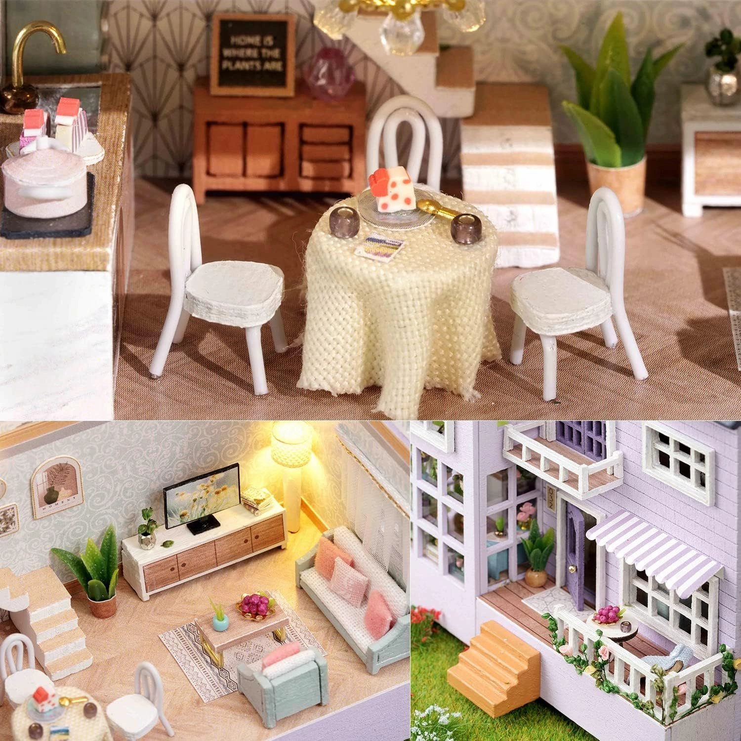 TuKIIE DIY Miniature Dollhouse Kit with Furniture, 1:32 Scale Creative Room Opened & Closed Mini Wooden Doll House for Kids Teens Adults(Happy House)