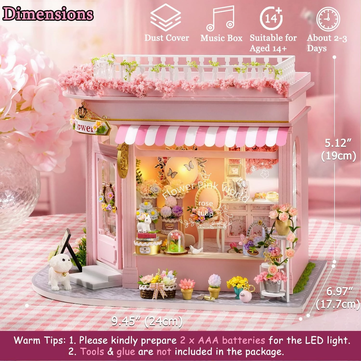 TuKIIE DIY Miniature House Kit with Furniture, 1:24 Scale Creative Room Mini Wooden Dollhouse Book Nook Plus Dust Proof & Music Movement for Kids Teens Adults(Flower Shop)