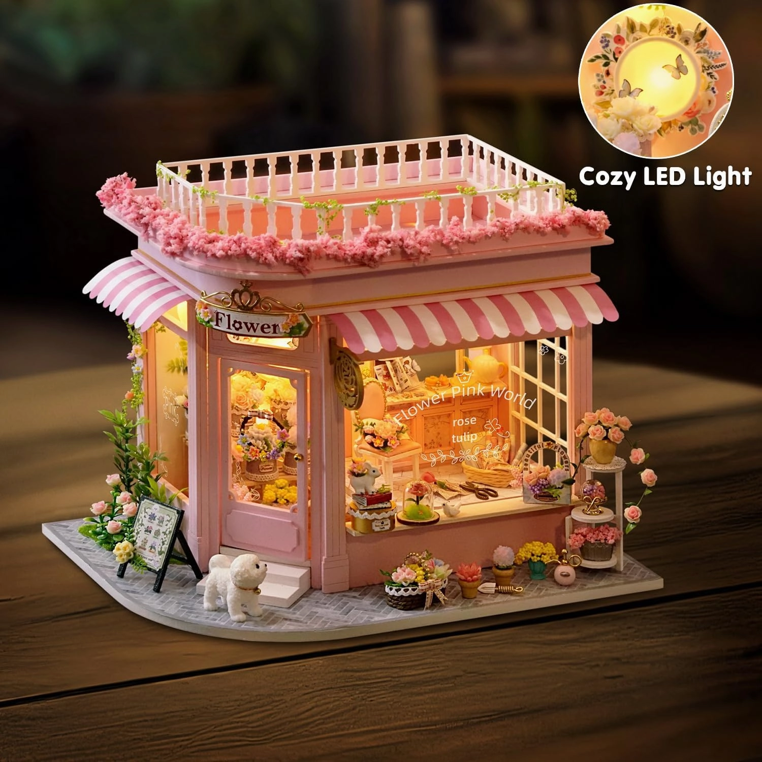 TuKIIE DIY Miniature House Kit with Furniture, 1:24 Scale Creative Room Mini Wooden Dollhouse Book Nook Plus Dust Proof & Music Movement for Kids Teens Adults(Flower Shop)