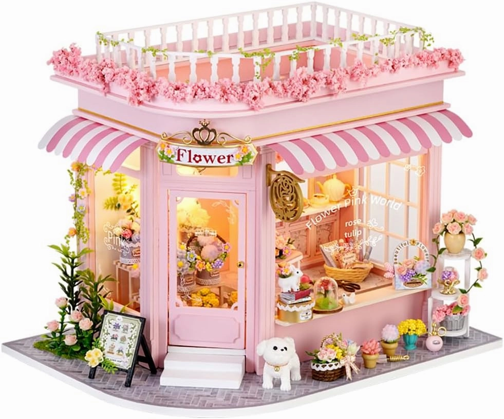TuKIIE DIY Miniature House Kit with Furniture, 1:24 Scale Creative Room Mini Wooden Dollhouse Book Nook Plus Dust Proof & Music Movement for Kids Teens Adults(Flower Shop)