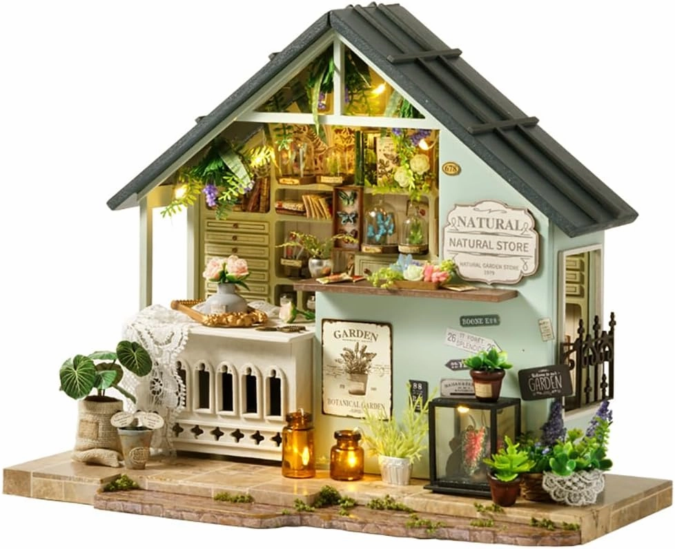 TuKIIE DIY Miniature House Kit with Furniture, 1:24 Scale Creative Room Mini Wooden Dollhouse Book Nook Plus Dust Proof & Music Movement for Kids Teens Adults(Plants Studio)