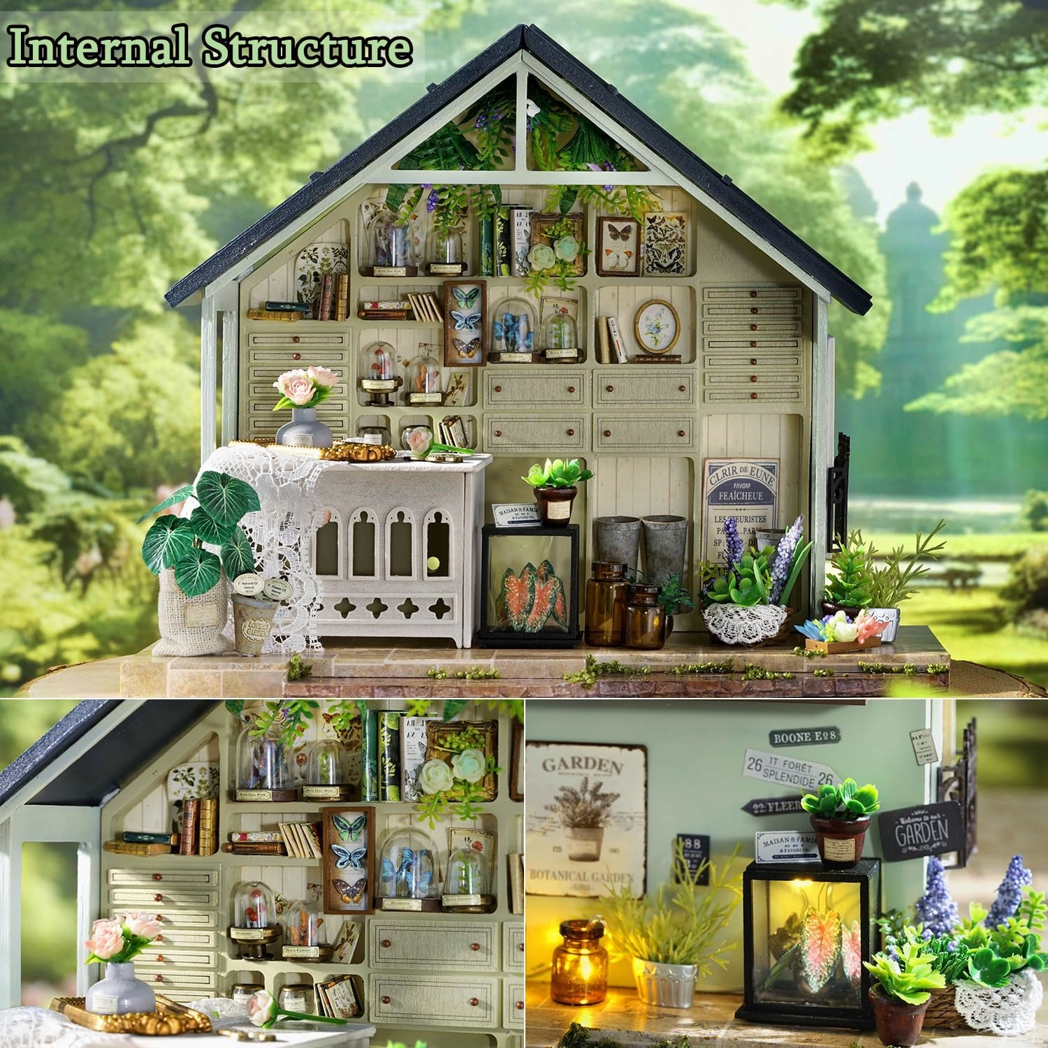 TuKIIE DIY Miniature House Kit with Furniture, 1:24 Scale Creative Room Mini Wooden Dollhouse Book Nook Plus Dust Proof & Music Movement for Kids Teens Adults(Plants Studio)