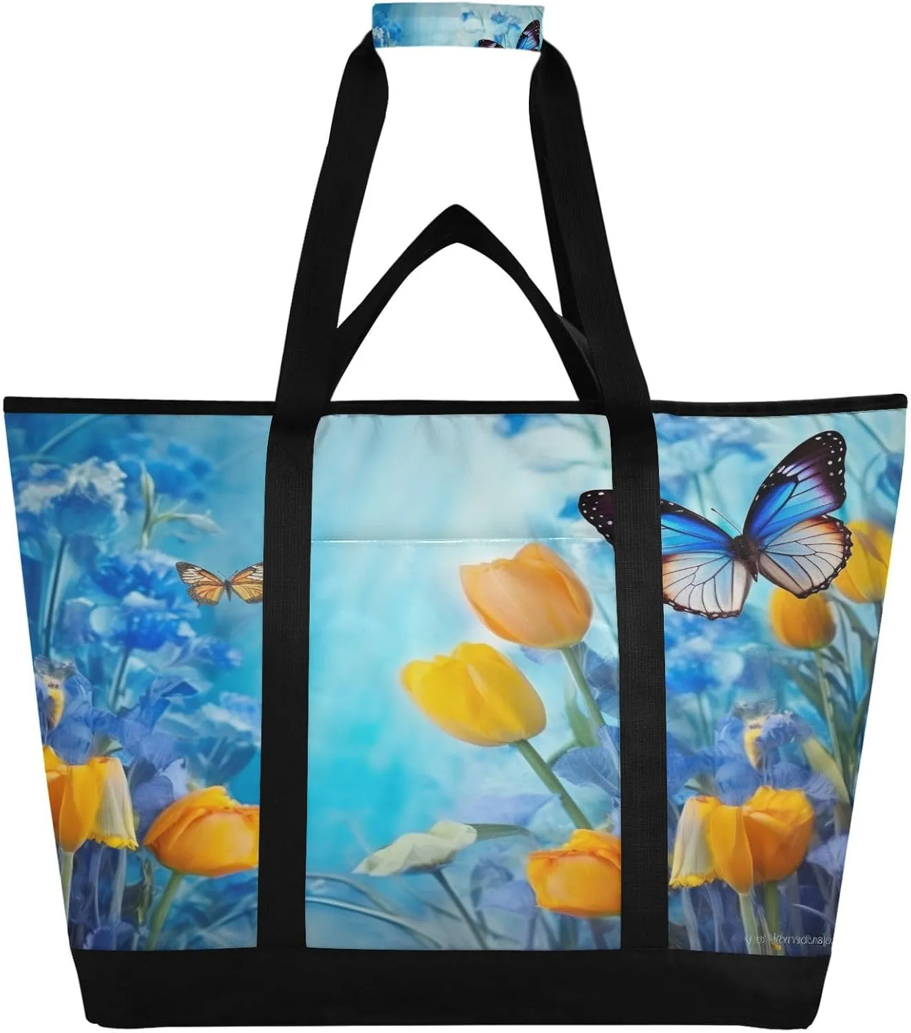 Tulips Butterflies Reusable Insulated Lunchbox Cooler Bag, Leakproof Kitchen Grocery Bag Collapsible Portable Cooler Tote Bag for Picnic, Camping, Office, Travel