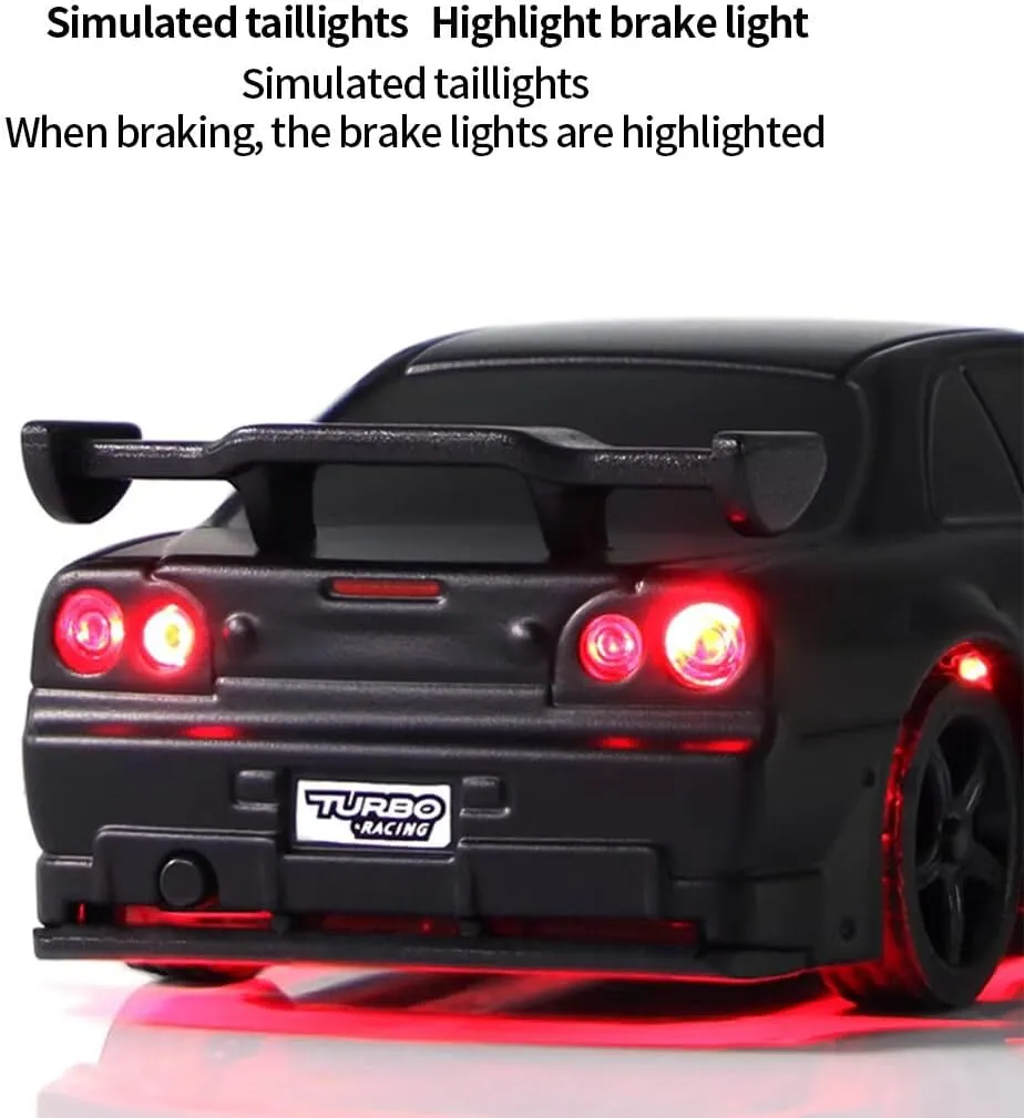 Turbo Racing 1/76 RC Drift Car, 2.4GHz 3CH Electric RWD Mini Remote Control Racing Vehicle, Desktop Scale Model for Hobbyists (RTR/Black & Red)