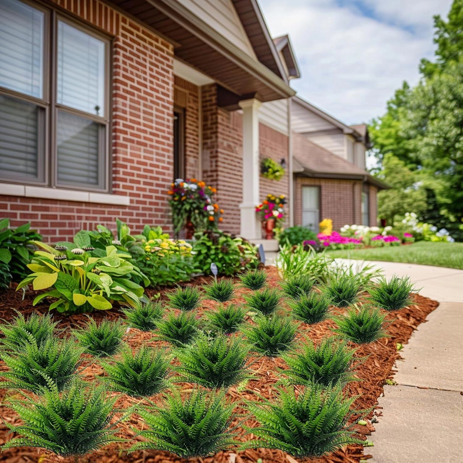 TURNMEON 20 Bundles Artificial Plants Outdoor Faux Boston Fern Summer Decor Fake Plants UV Resistant Plastic Greenery Shrubs Artificial Fake Flowers Outside Indoor for Spring Home Gardens Patio Yards