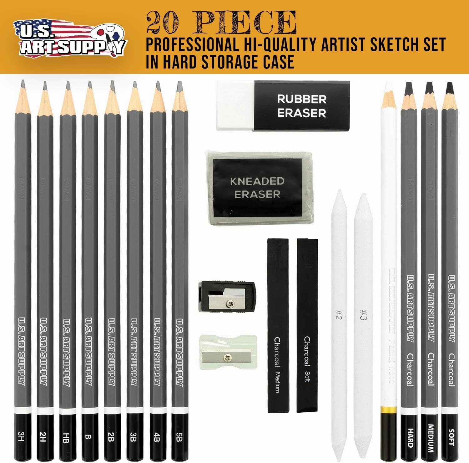 U.S. Art Supply 20 Piece Professional Hi-Quality Artist Sketch Set in Hard Storage Case - Sketch & Charcoal Pencils, Pastel, Stumps, Eraser, Sharpeners