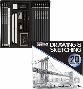U.S. Art Supply 20 Piece Professional Hi-Quality Artist Sketch Set in Hard Storage Case - Sketch & Charcoal Pencils, Pastel, Stumps, Eraser, Sharpeners