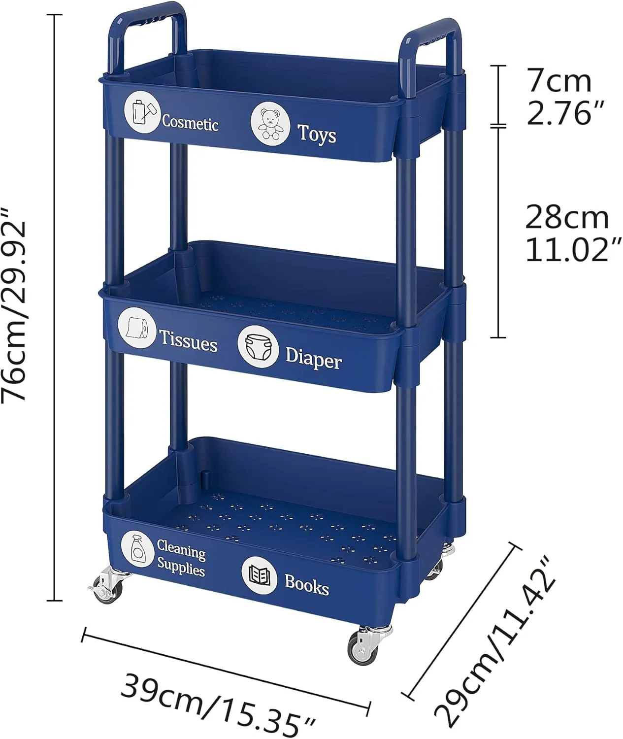 UDEAR 3-Tier Rolling Utility Cart with 12 Category Labels,Multifunctional Storage Shelves with Handle and Lockable Wheels for Room,Office,Kitchen,Bathroom,Blue