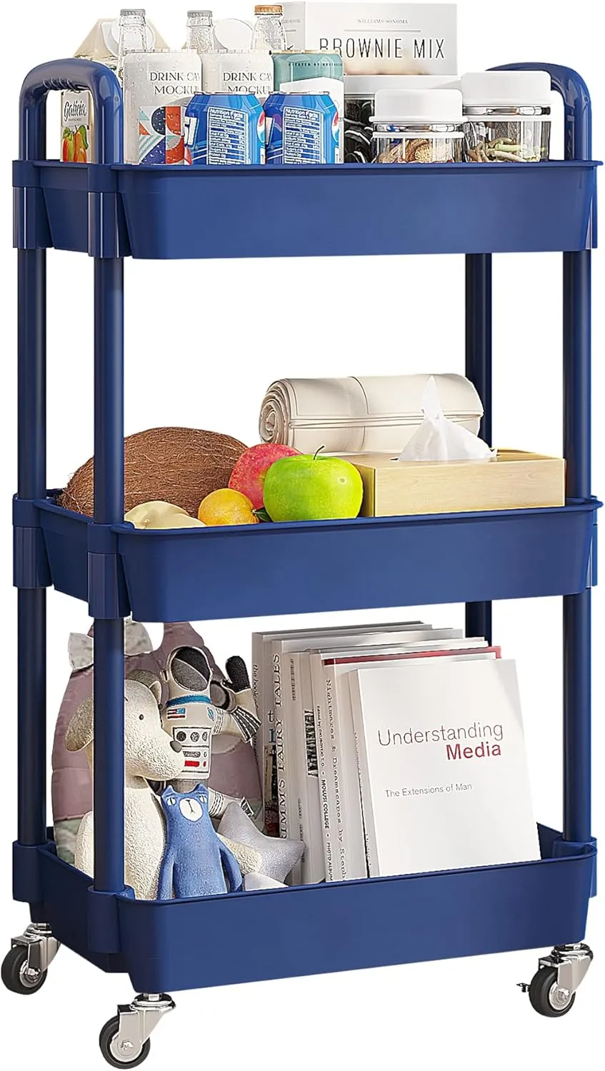 UDEAR 3-Tier Rolling Utility Cart with 12 Category Labels,Multifunctional Storage Shelves with Handle and Lockable Wheels for Room,Office,Kitchen,Bathroom,Blue