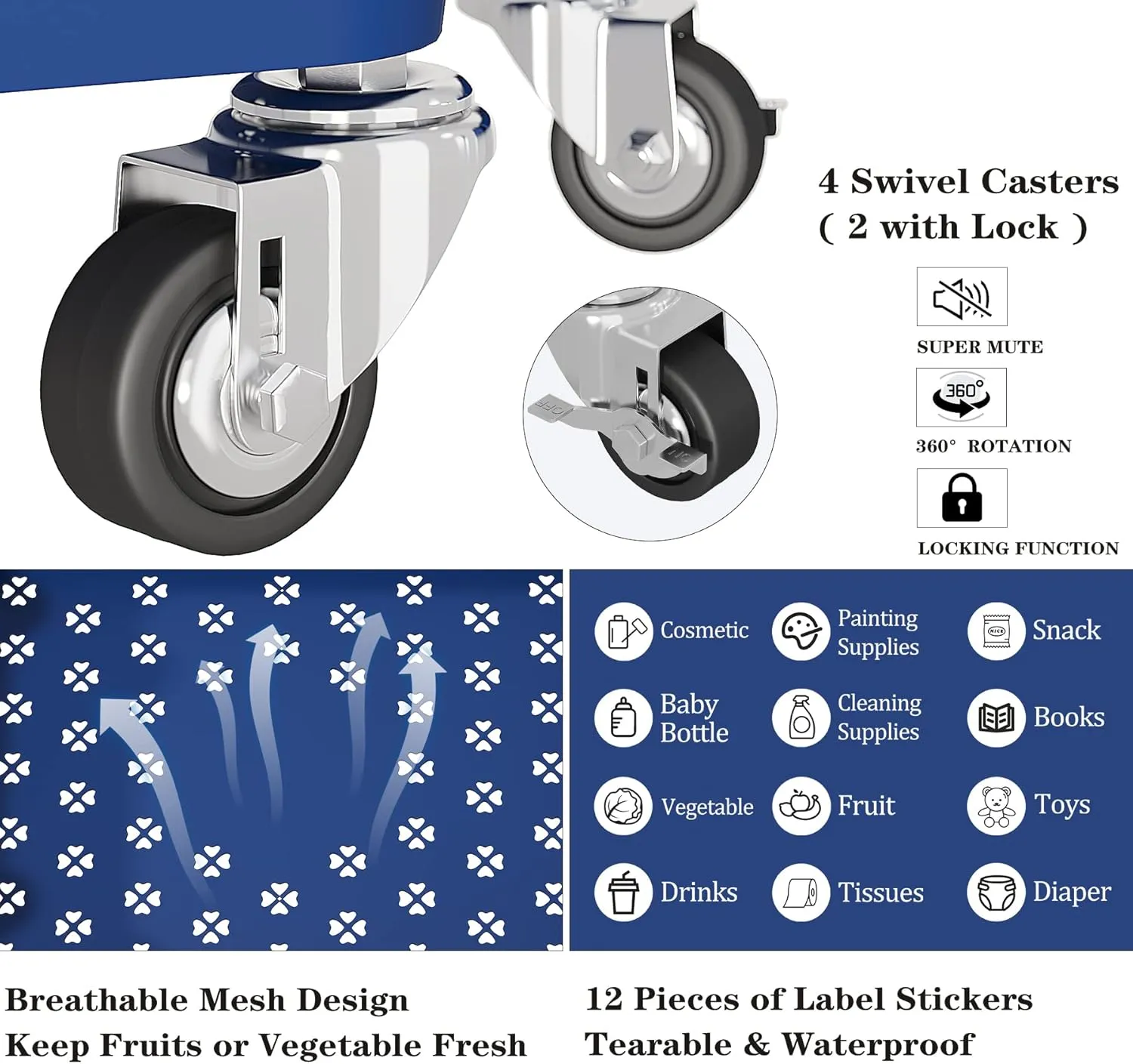 UDEAR 3-Tier Rolling Utility Cart with 12 Category Labels,Multifunctional Storage Shelves with Handle and Lockable Wheels for Room,Office,Kitchen,Bathroom,Blue