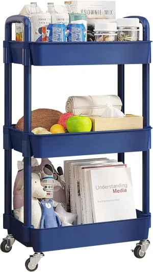 UDEAR 3-Tier Rolling Utility Cart with 12 Category Labels,Multifunctional Storage Shelves with Handle and Lockable Wheels for Room,Office,Kitchen,Bathroom,Blue