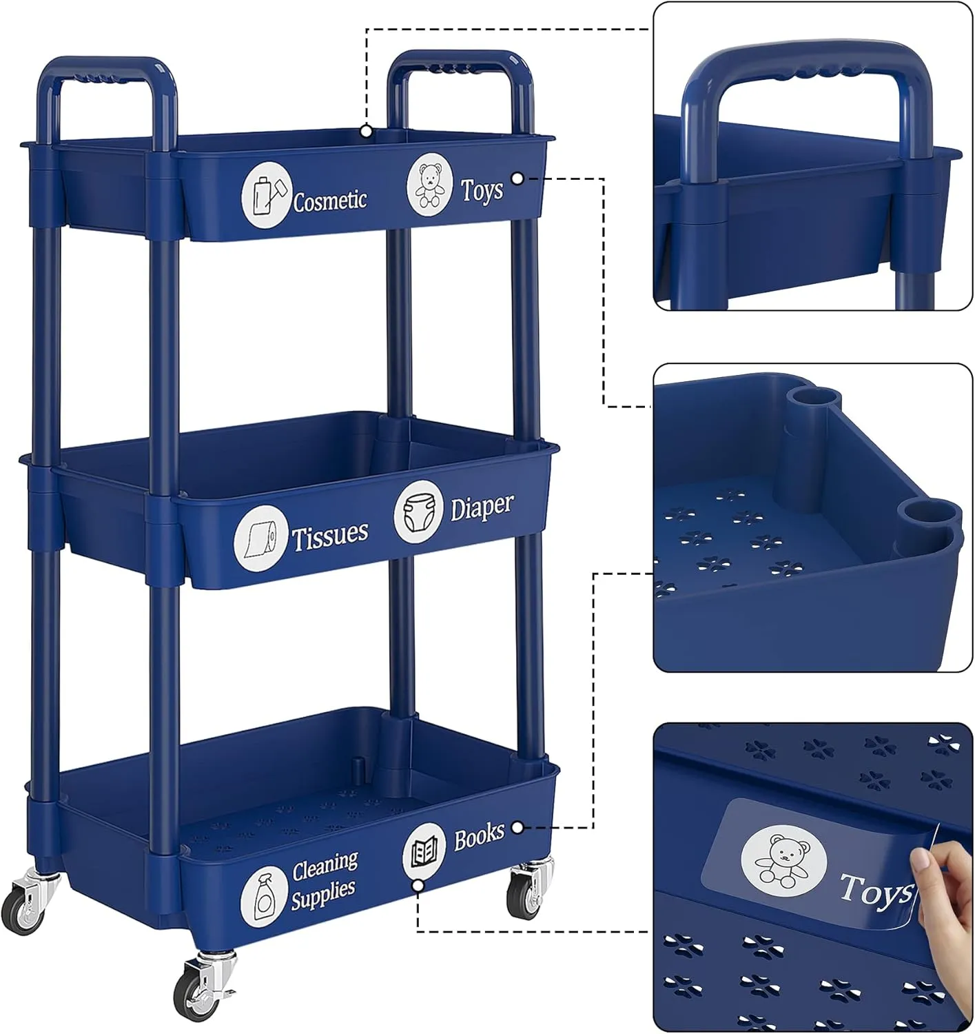 UDEAR 3-Tier Rolling Utility Cart with 12 Category Labels,Multifunctional Storage Shelves with Handle and Lockable Wheels for Room,Office,Kitchen,Bathroom,Blue