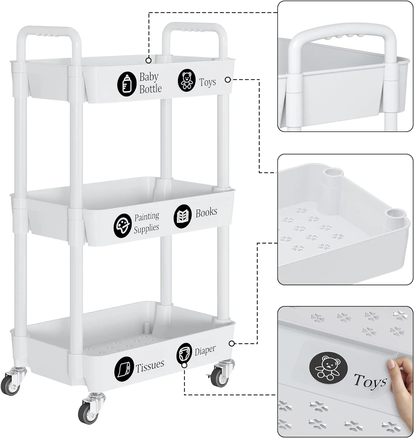 UDEAR 3-Tier Rolling Utility Cart with 12 Category Labels,Multifunctional Storage Shelves with Handle and Lockable Wheels for Room,Office,Kitchen,Bathroom,White