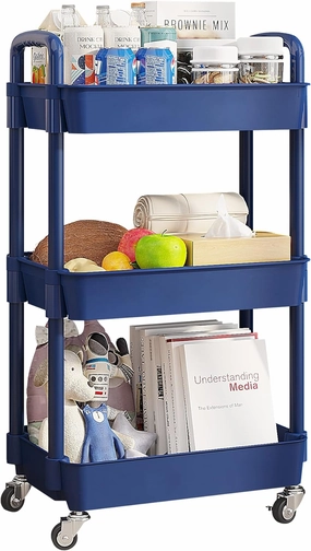 UDEAR 3-Tier Rolling Utility Cart with 12 Category Labels,Multifunctional Storage Shelves with Handle and Lockable Wheels for Room,Office,Kitchen,Bathroom,Blue