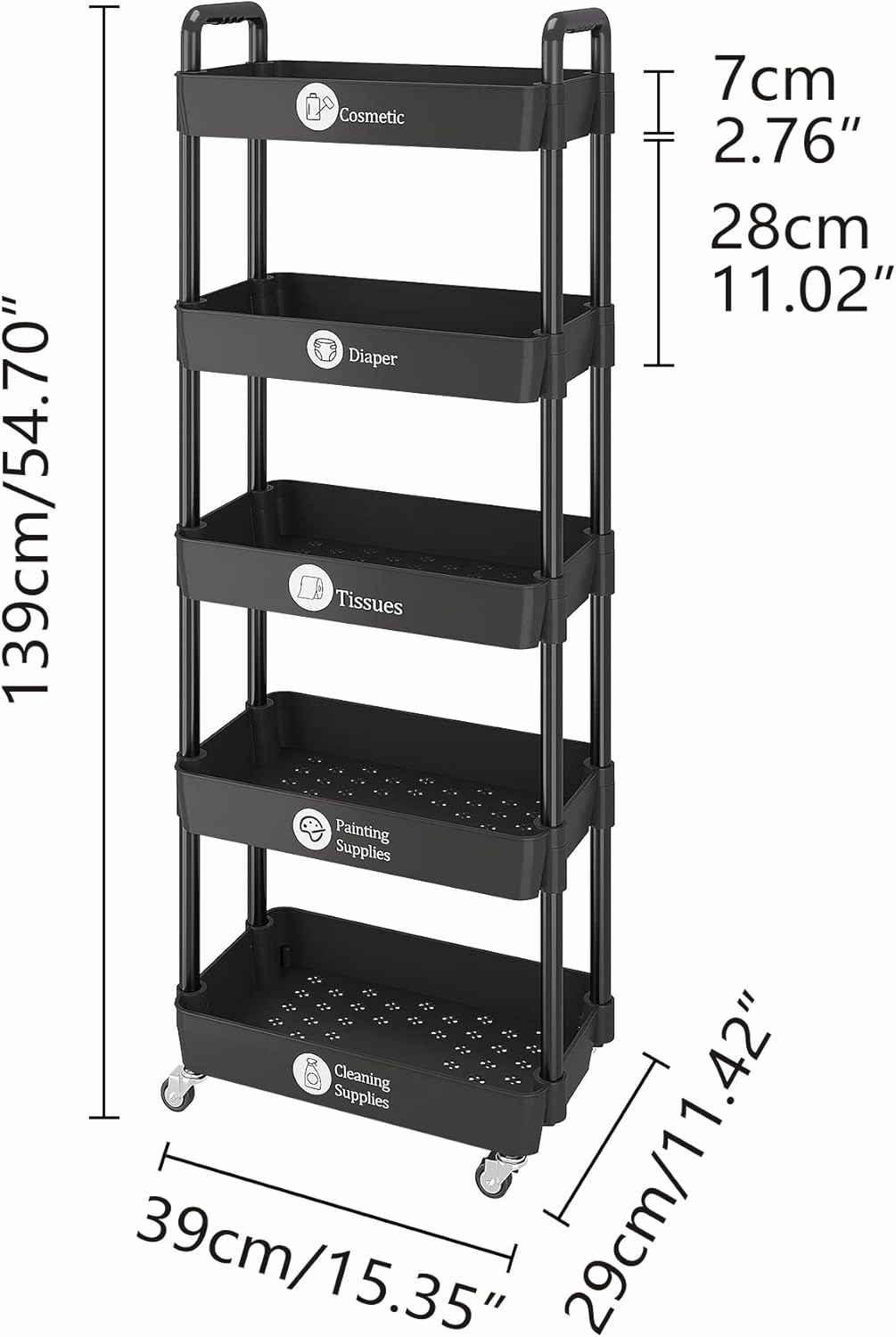 UDEAR 5-Tier Rolling Utility Cart with 12 Category Labels,Multifunctional Storage Shelves with Handle and Lockable Wheels for Room,Office,Kitchen,Bathroom,Black