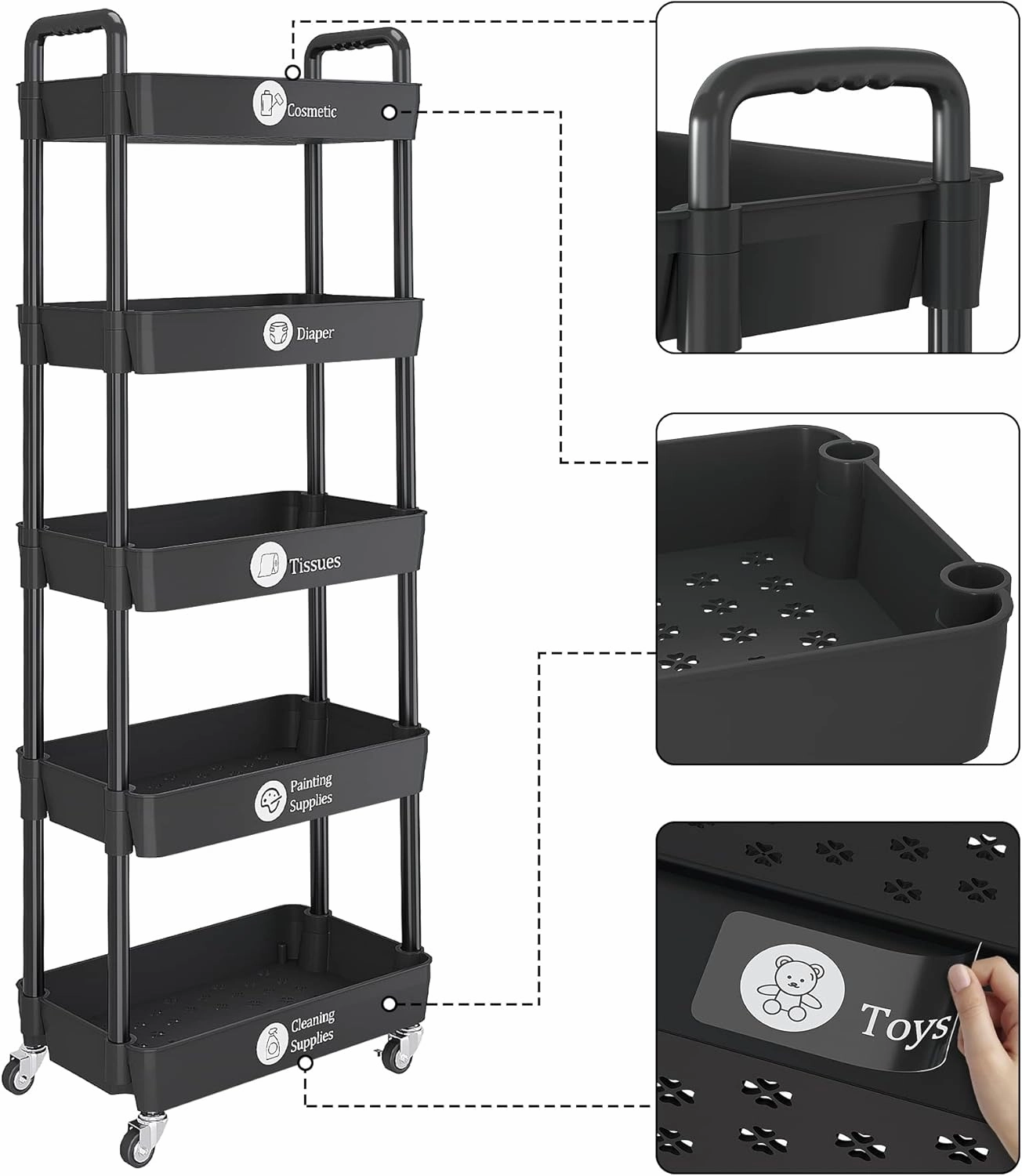 UDEAR 5-Tier Rolling Utility Cart with 12 Category Labels,Multifunctional Storage Shelves with Handle and Lockable Wheels for Room,Office,Kitchen,Bathroom,Black