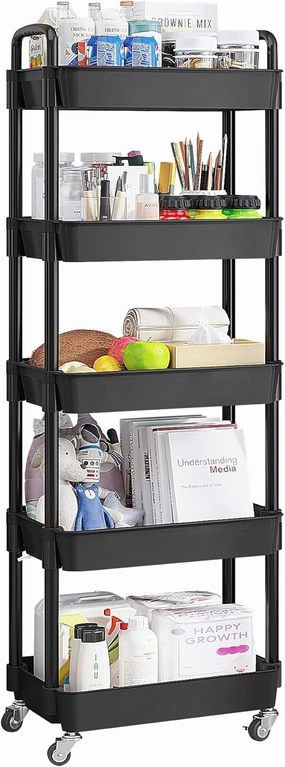 UDEAR 5-Tier Rolling Utility Cart with 12 Category Labels,Multifunctional Storage Shelves with Handle and Lockable Wheels for Room,Office,Kitchen,Bathroom,Black