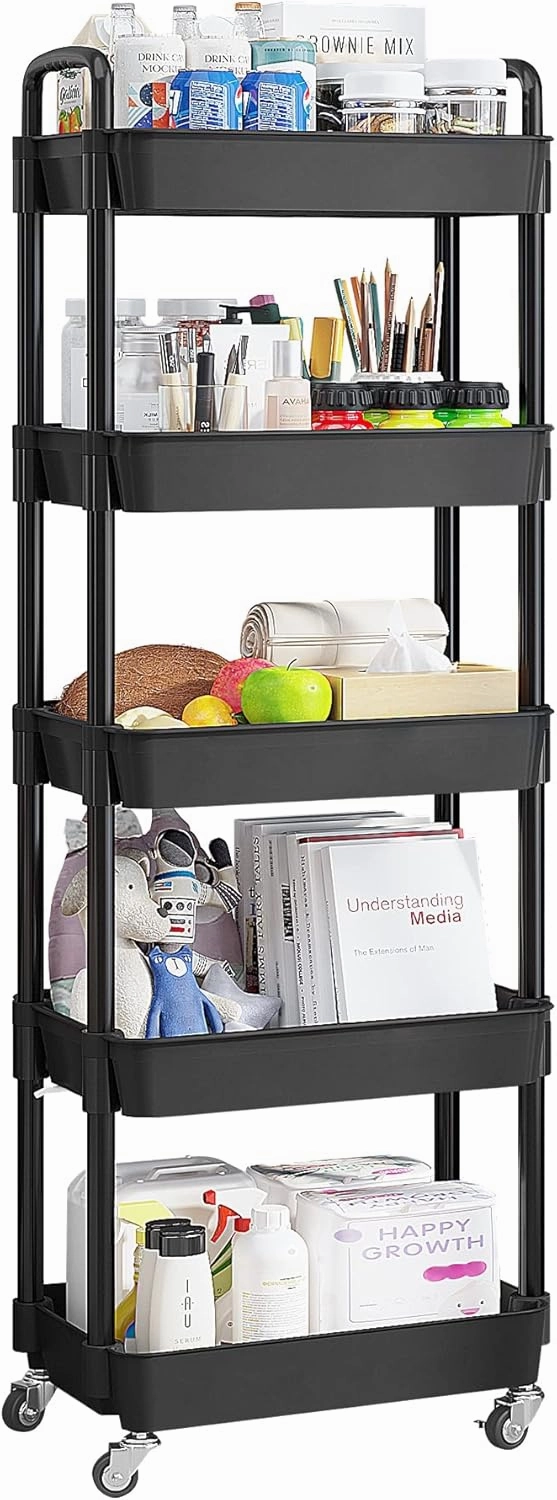 UDEAR 5-Tier Rolling Utility Cart with 12 Category Labels,Multifunctional Storage Shelves with Handle and Lockable Wheels for Room,Office,Kitchen,Bathroom,Black