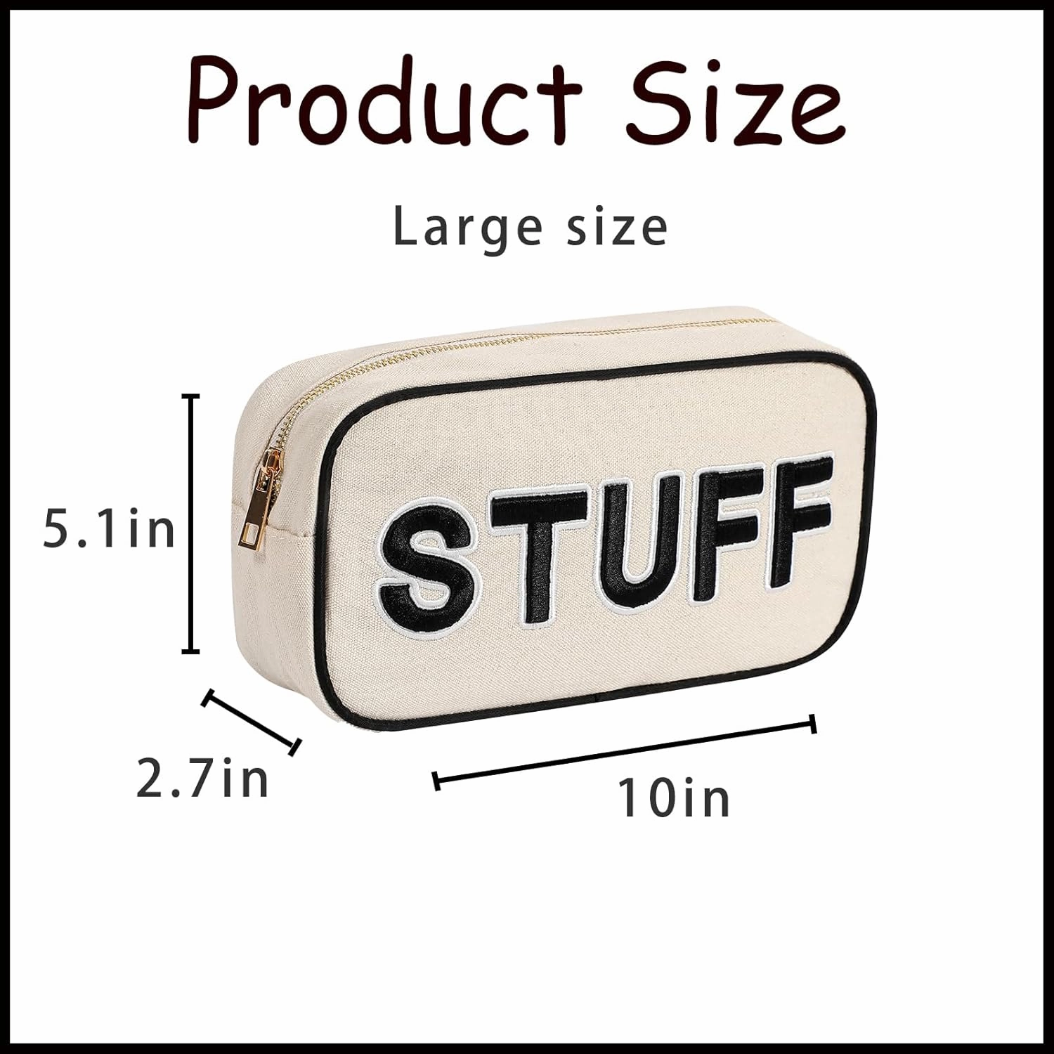 uekeboag Canvas Chenille Letter Stuff Makeup Bag,Small Travel Washable Organizer Bag for Purse with Zipper, Cute Personalized Preppy Cosmetic Bag For Women and Girls(01Black-Stuff)