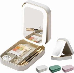 Ujicde Travel Makeup Bag with LED Mirror, 3 Colors Modes-LED Complementarylight Cosmetic Case,Integrated Makeup Storage Box, Portable Makeup Bag,Cosmetic Storage,Folding Case (Color : White)