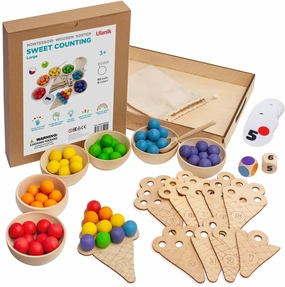 Ulanik Sweet Counting Large Toddler Montessori Toys for 3 Year Old   Kids Wooden Matching Game for Learning Color Sorting and Counting — 60 Balls, 0.98 in