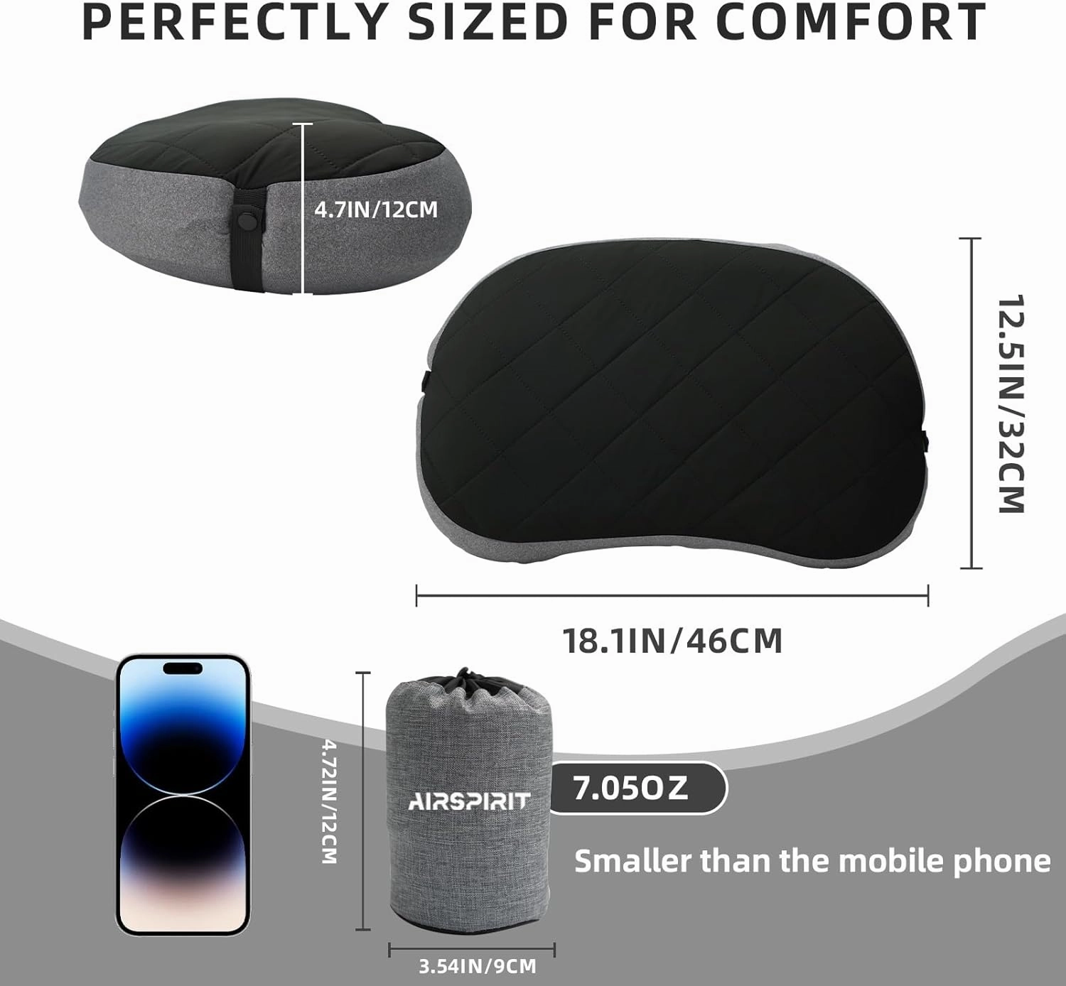 Ultralight Camping Pillow Inflatable with Removable Washable Cover, Compact Travel Pillow for Neck Support, Hiking, Backpacking, Office, Airplane, Car & Beach - Adjustable Firmness (Black)