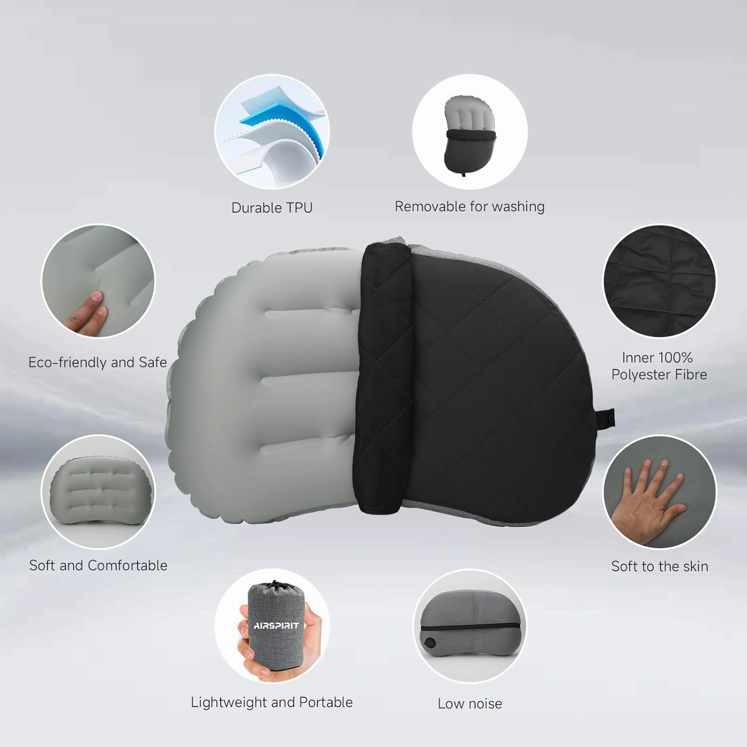 Ultralight Camping Pillow Inflatable with Removable Washable Cover, Compact Travel Pillow for Neck Support, Hiking, Backpacking, Office, Airplane, Car & Beach - Adjustable Firmness (Black)