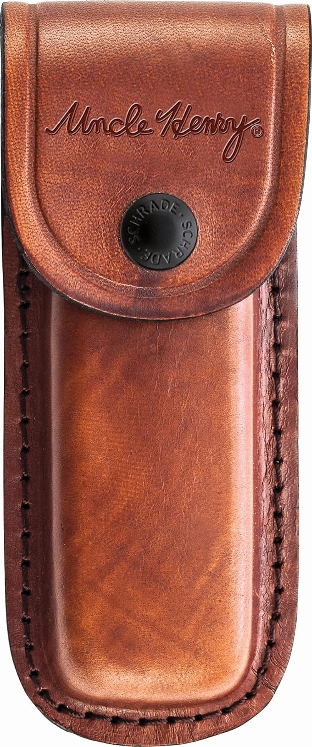 Uncle Henry LB7 Bear Paw Traditional Lockback Pocket Knife with 3.7in Clip Point High Carbon S.S. Blade, Wood Handle, Brass Bolsters, and Leather Belt Sheath for EDC, Hunting, Camping, and Outdoors