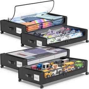 Under Bed Storage with Wheels, XXL 60L Under bed Storage Containers with Clear Lids, Under the Bed Storage Organizer Bins for Shoes, Clothes, Blankets (Black-4 Pack)