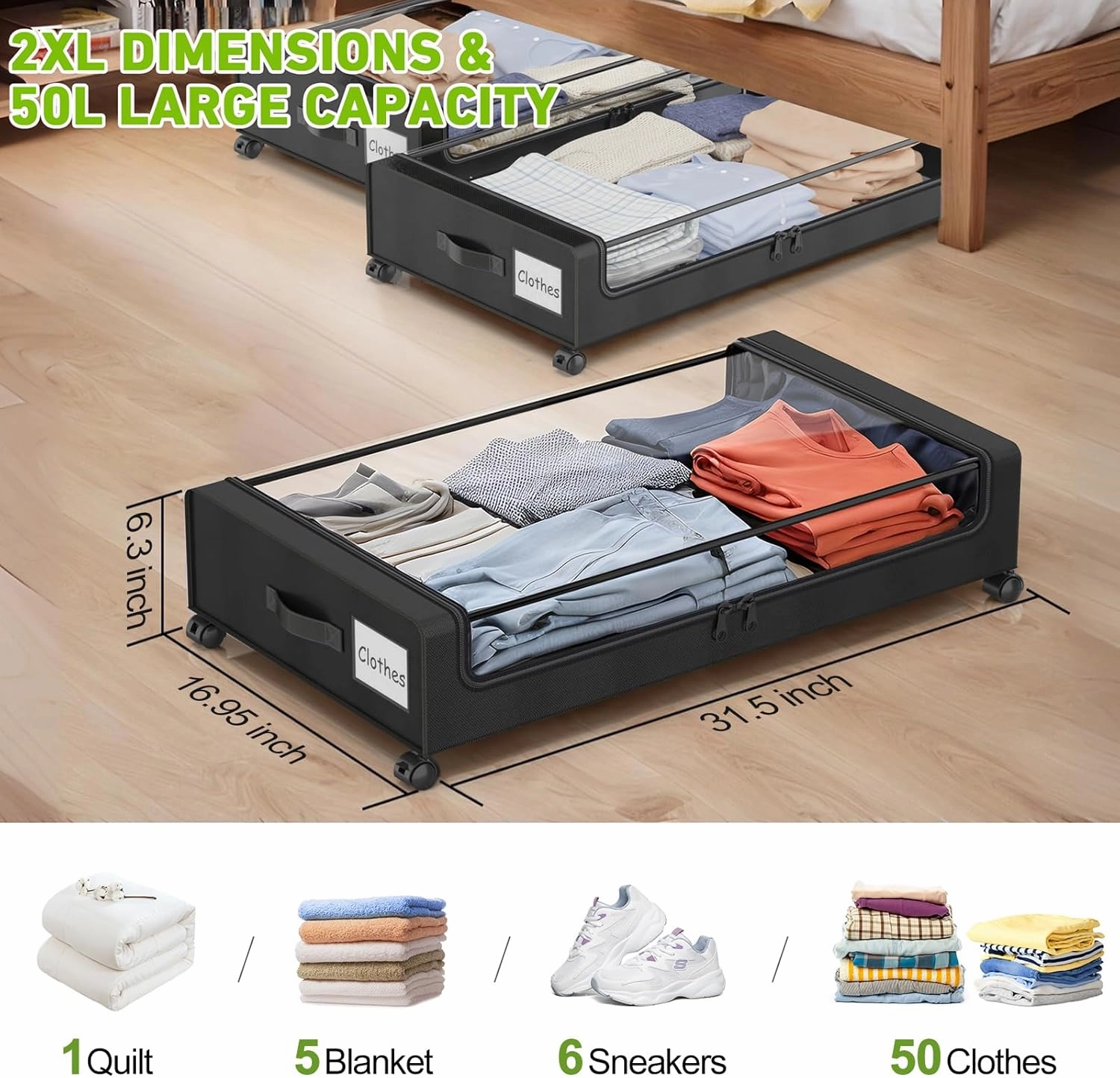 Under Bed Storage with Wheels, XXL 60L Under bed Storage Containers with Clear Lids, Under the Bed Storage Organizer Bins for Shoes, Clothes, Blankets (Black-4 Pack)