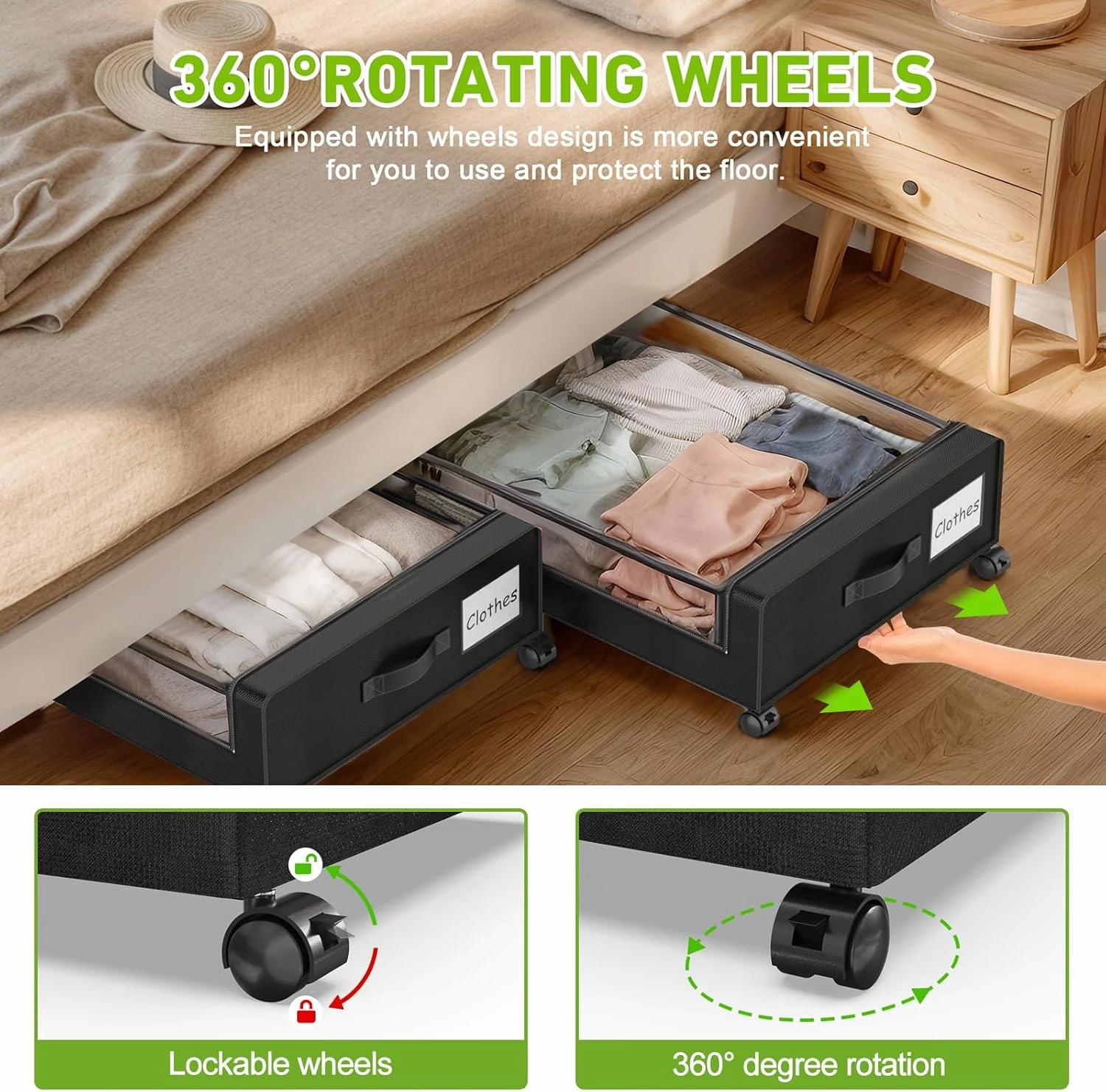Under Bed Storage with Wheels, XXL 60L Under bed Storage Containers with Clear Lids, Under the Bed Storage Organizer Bins for Shoes, Clothes, Blankets (Black-4 Pack)