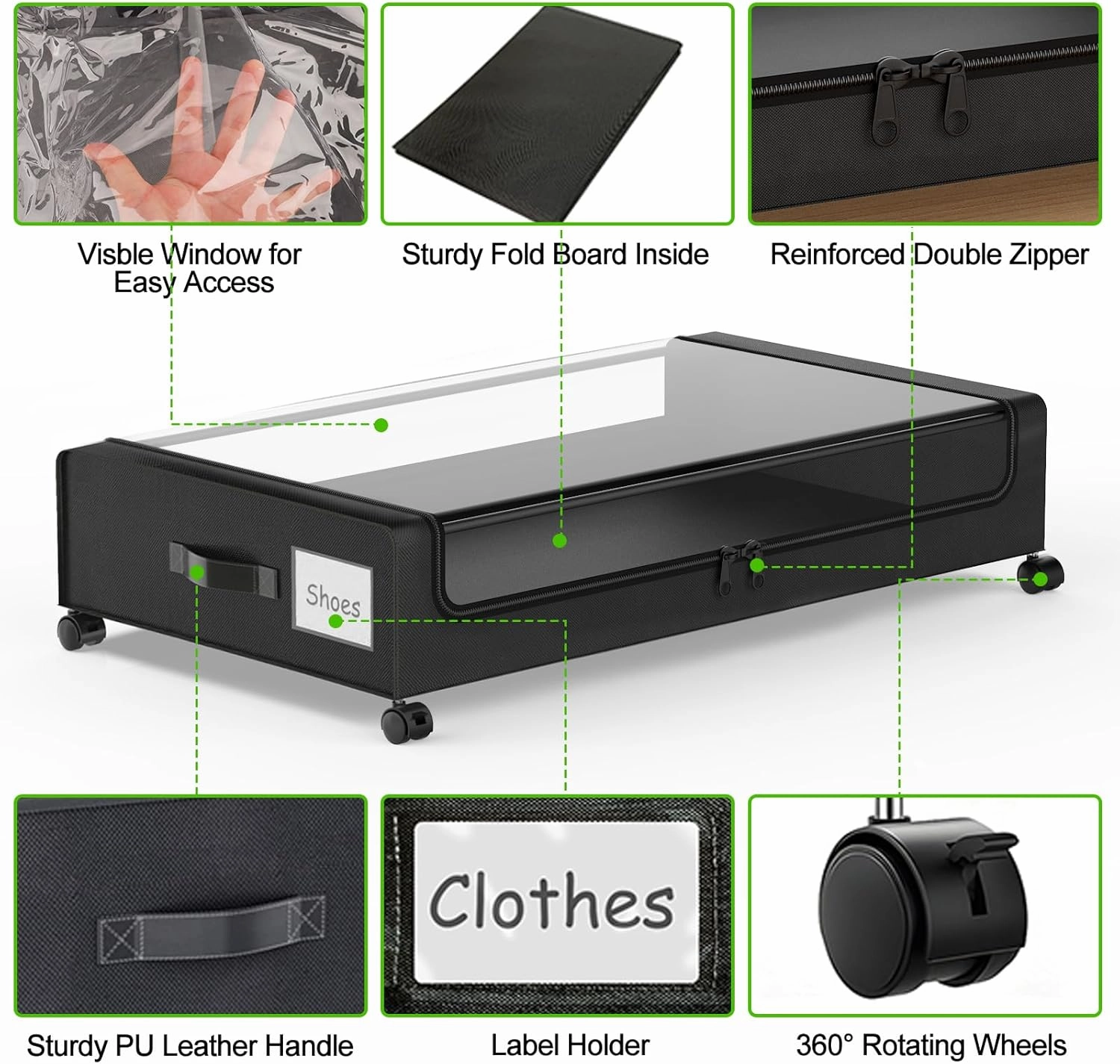 Under Bed Storage with Wheels, XXL 60L Under bed Storage Containers with Clear Lids, Under the Bed Storage Organizer Bins for Shoes, Clothes, Blankets (Black-4 Pack)