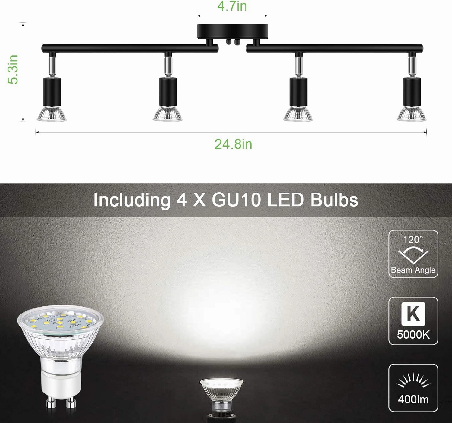 Unicozin LED 4 Light Track Lighting Kit, Black, Ceiling Spot Light, 4 x LED GU10 Bulb (4W, Daylight White, 500K, 400LM)