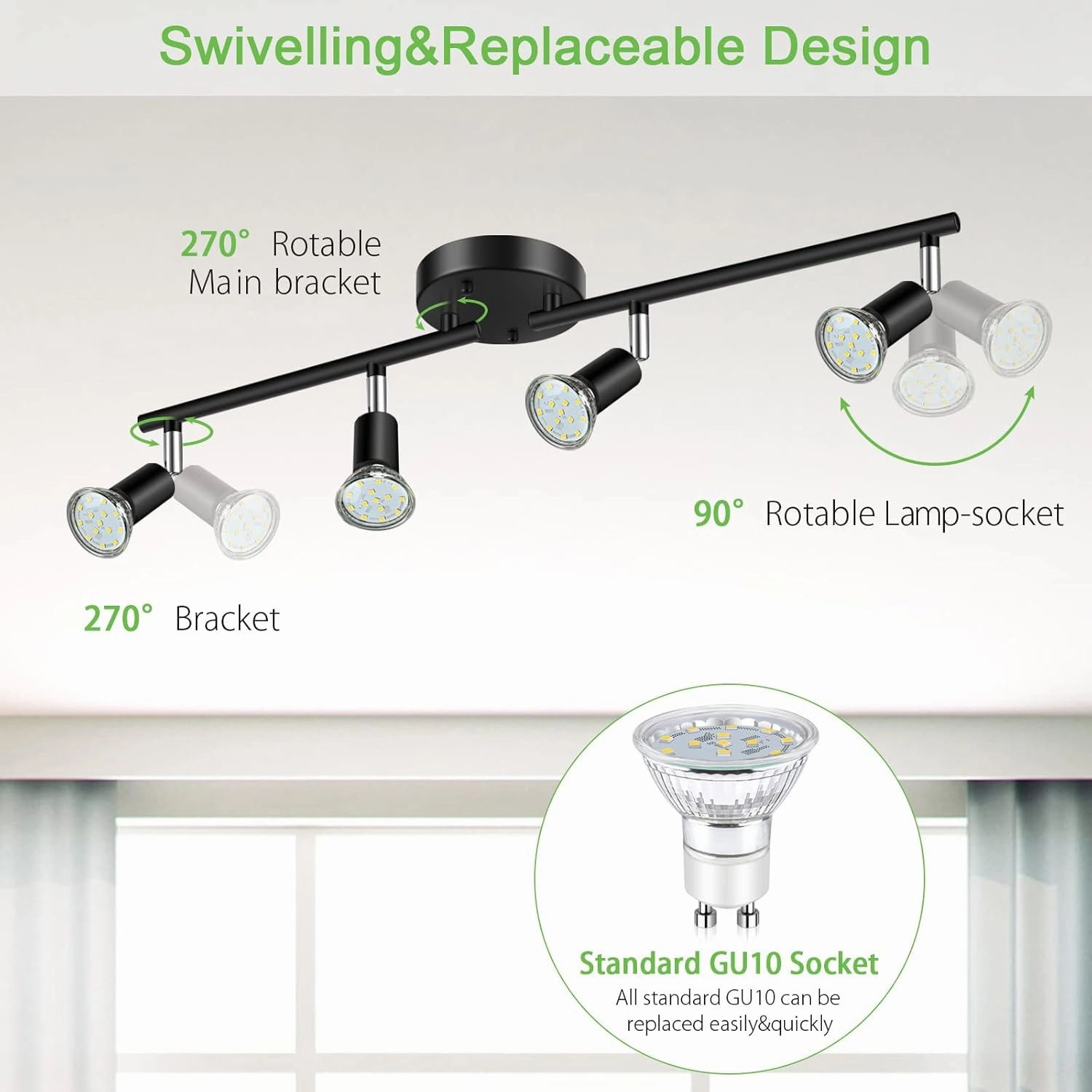 Unicozin LED 4 Light Track Lighting Kit, Black, Ceiling Spot Light, 4 x LED GU10 Bulb (4W, Daylight White, 500K, 400LM)