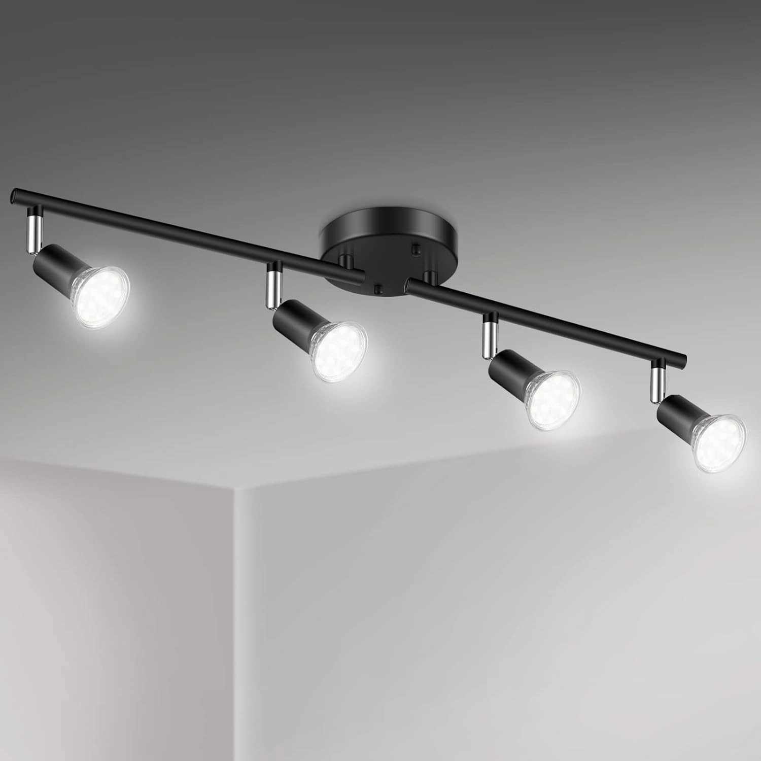Unicozin LED 4 Light Track Lighting Kit, Black, Ceiling Spot Light, 4 x LED GU10 Bulb (4W, Daylight White, 500K, 400LM)