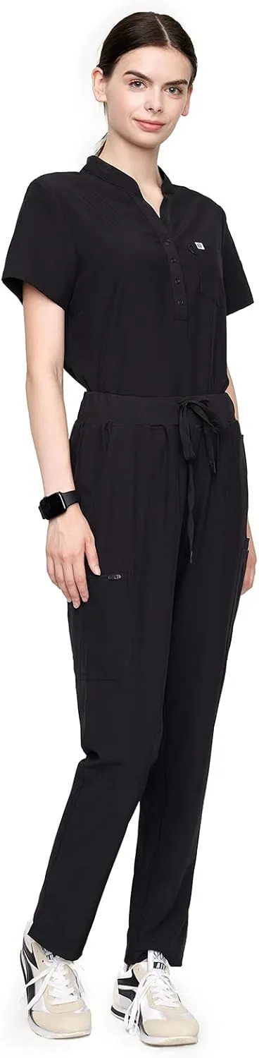Uniforms World Horizon Scrubs Set for Women — Suit Stretch Top & Straight Pants with Multi Pocket, Yoga Waistband, 9 Pockets