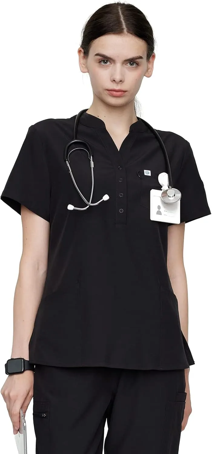 Uniforms World Horizon Scrubs Set for Women — Suit Stretch Top & Straight Pants with Multi Pocket, Yoga Waistband, 9 Pockets