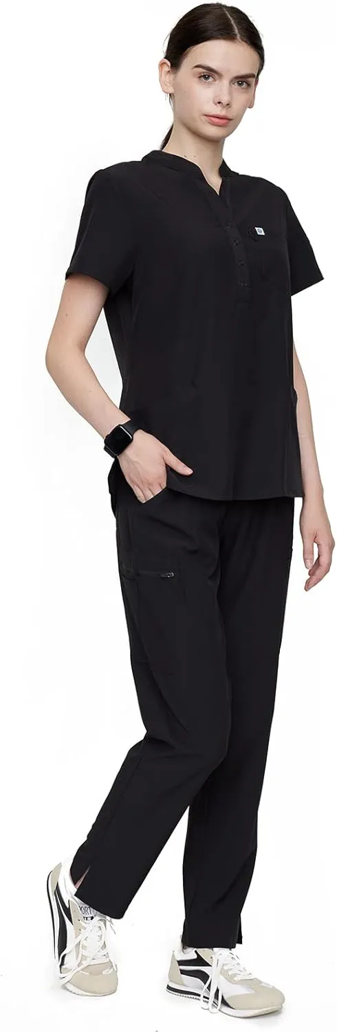 Uniforms World Horizon Scrubs Set for Women — Suit Stretch Top & Straight Pants with Multi Pocket, Yoga Waistband, 9 Pockets