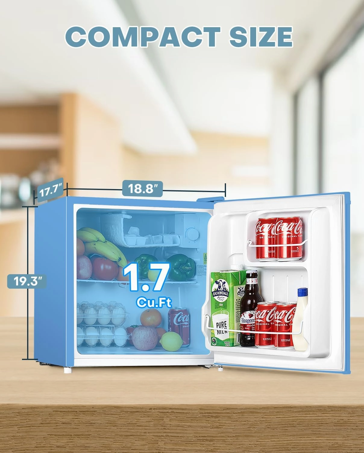 Upstreman 1.7 Cu.ft Mini Fridge with Freezer, Dorm Essentials, Adjustable Thermostat, Energy Saving, Low Noise, Single Door Compact Refrigerator for Dorm, Office, Bedroom, Blue-FR17