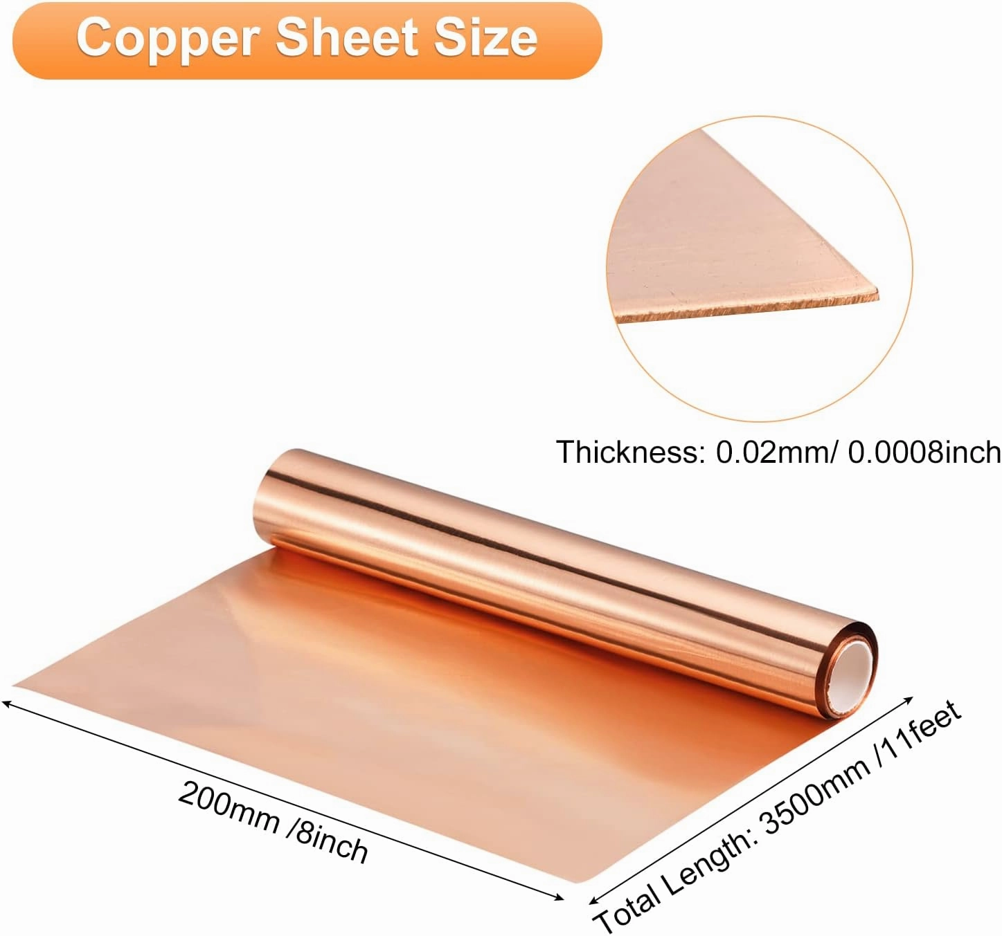 Uxcell 99.9% Pure Copper Sheet Roll, 3500mm x 200mm x 0.02mm, 32 Gauge, Red Copper, Perfect for Roofing, Flashing, DIY Projects