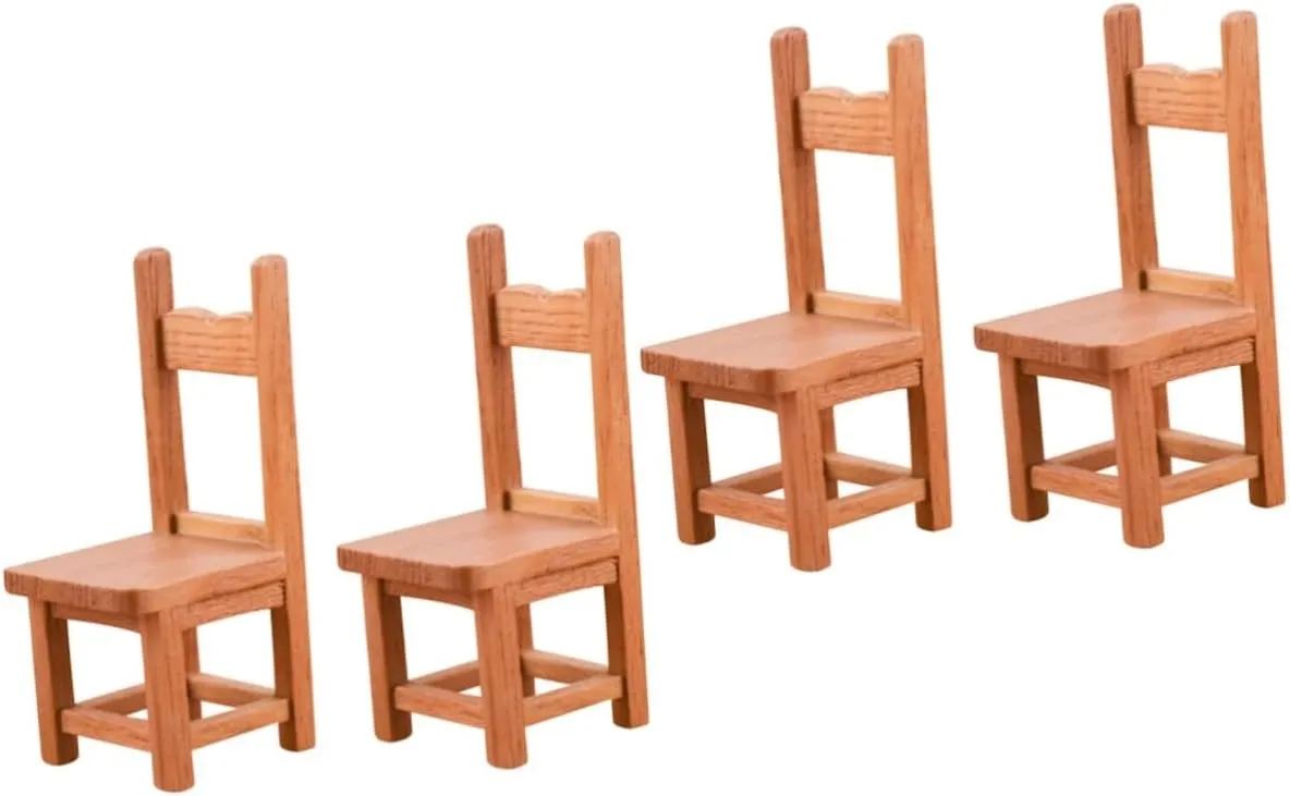 VANZACK 2sets DIY Mini House Furniture Set of Miniature Wood Chairs and Decor for Dollhouse Decorations 2pcs*2