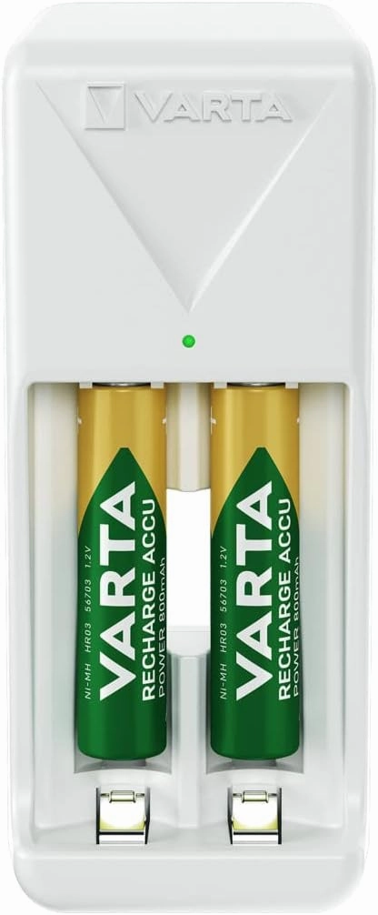 Varta Battery Charger, Includes 2 x AAA 800 mAh, Battery Charger for Rechargeable Batteries, Charges 2 AA/AAA Simultaneously, Mini Charger, White