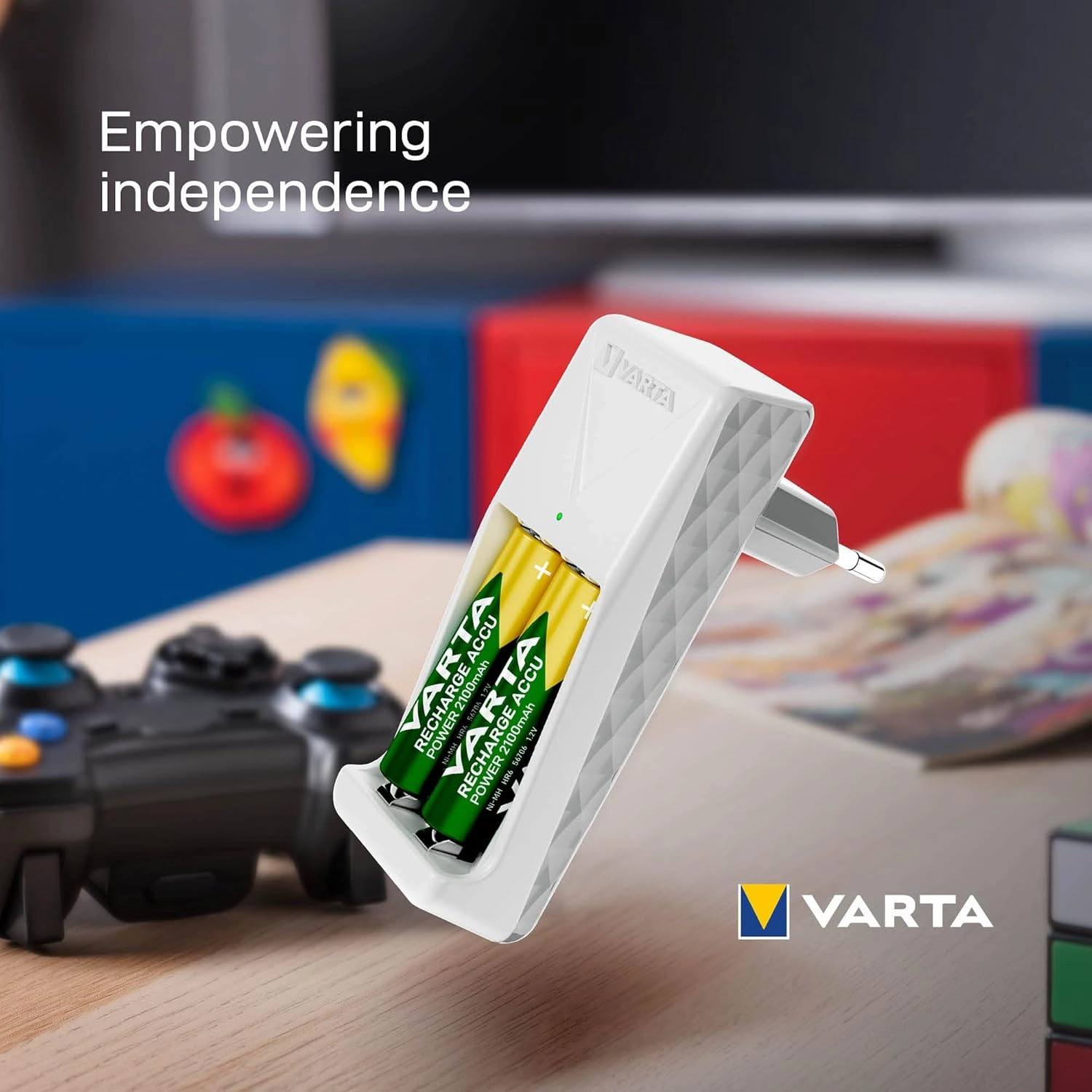 Varta Battery Charger, Includes 2 x AAA 800 mAh, Battery Charger for Rechargeable Batteries, Charges 2 AA/AAA Simultaneously, Mini Charger, White