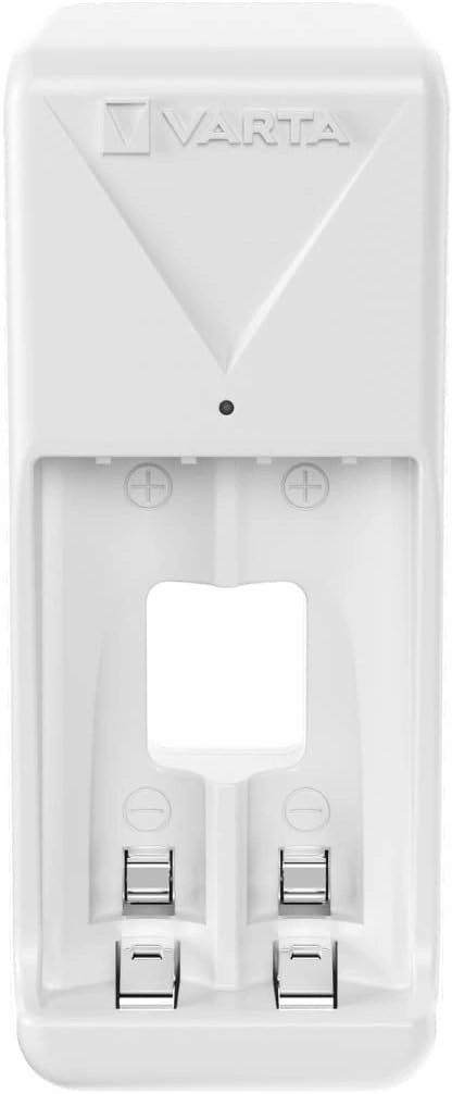 Varta Battery Charger, Includes 2 x AAA 800 mAh, Battery Charger for Rechargeable Batteries, Charges 2 AA/AAA Simultaneously, Mini Charger, White
