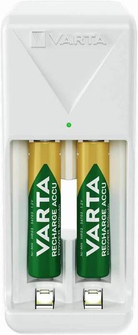 Varta Battery Charger, Includes 2 x AAA 800 mAh, Battery Charger for Rechargeable Batteries, Charges 2 AA/AAA Simultaneously, Mini Charger, White