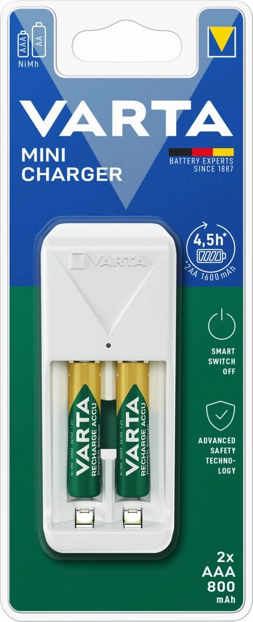Varta Battery Charger, Includes 2 x AAA 800 mAh, Battery Charger for Rechargeable Batteries, Charges 2 AA/AAA Simultaneously, Mini Charger, White