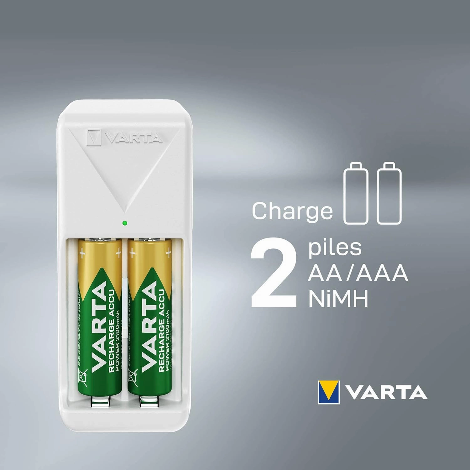 Varta Battery Charger, Includes 2 x AAA 800 mAh, Battery Charger for Rechargeable Batteries, Charges 2 AA/AAA Simultaneously, Mini Charger, White