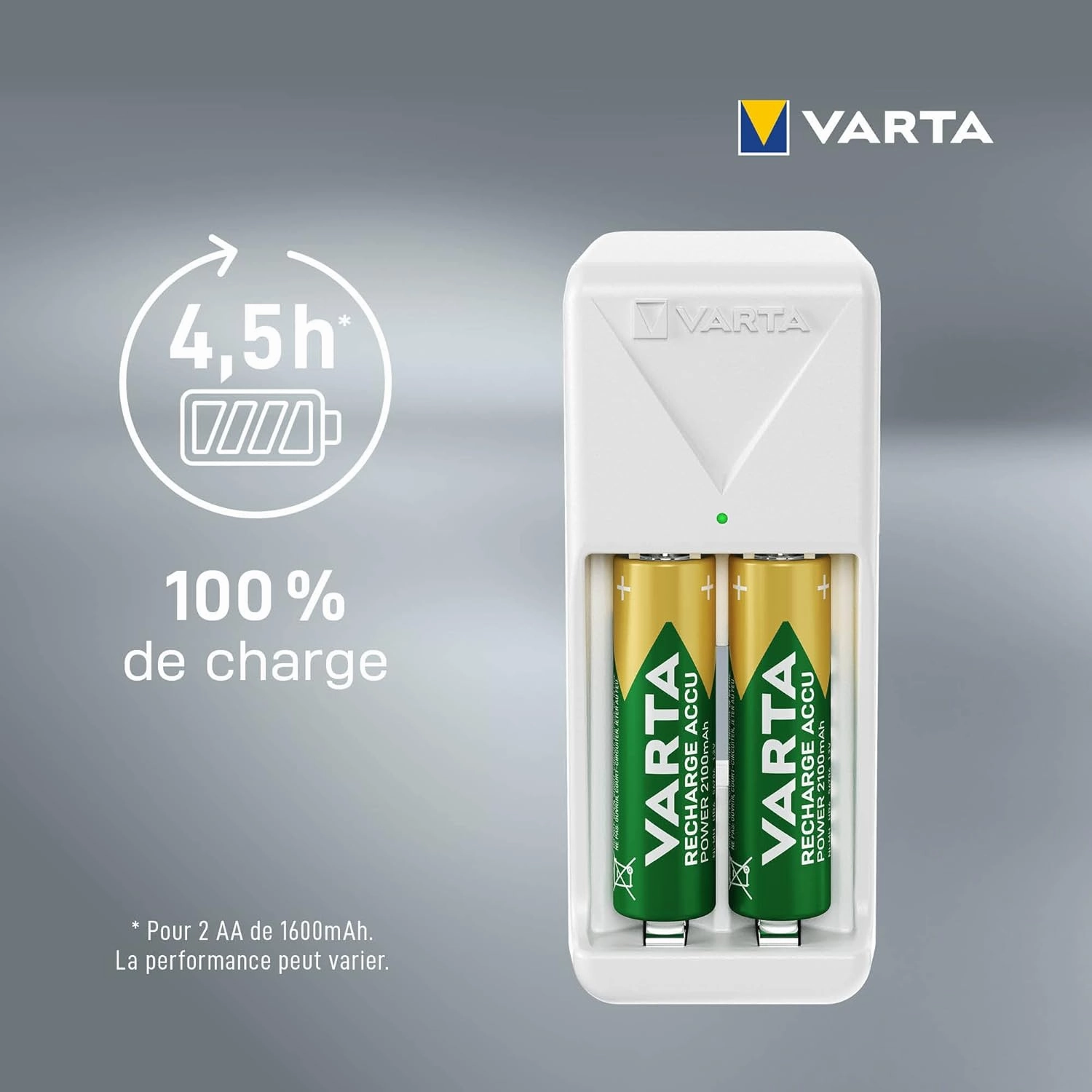 Varta Battery Charger, Includes 2 x AAA 800 mAh, Battery Charger for Rechargeable Batteries, Charges 2 AA/AAA Simultaneously, Mini Charger, White